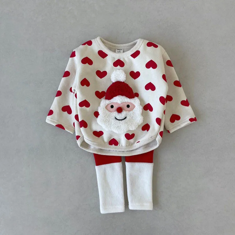 Autumn Winter Kid Patch Santa Claus Striped Long Sleeves T-shirt Girl Infant Cotton Love Casual Tops Boy Children Christmas Tees