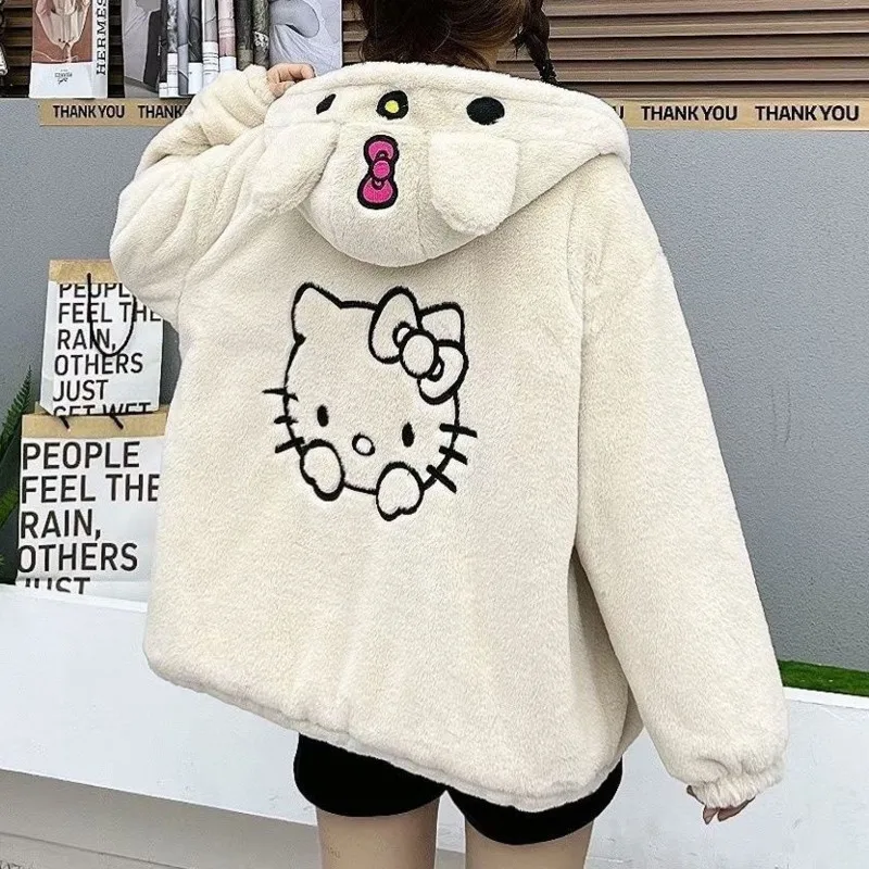 Cute Hello Kitty Faux-cashmere Hooded Coat For Women In Autumn And Winter Loose Zipper Y2k BF Style Fuzzy Jackets Clothes