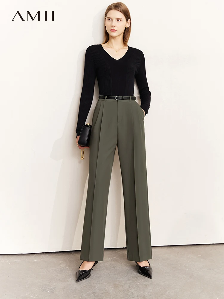 AMII Minimalist Pant Women 2023 Spring Commuter Office Lady Fashion All-match Niche Design Vintage Capable Belt Trouser 12240683