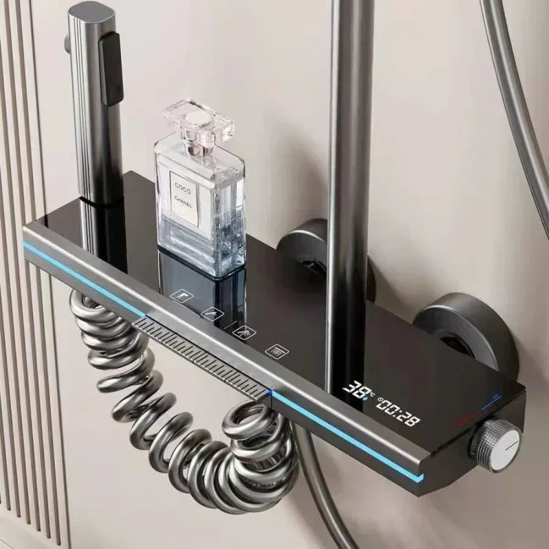 Piano Key 4 Function Water Outlet Rainlfall Shower Set Bathroom Wall Mounted Intelligent Digital Display Shower Faucet System