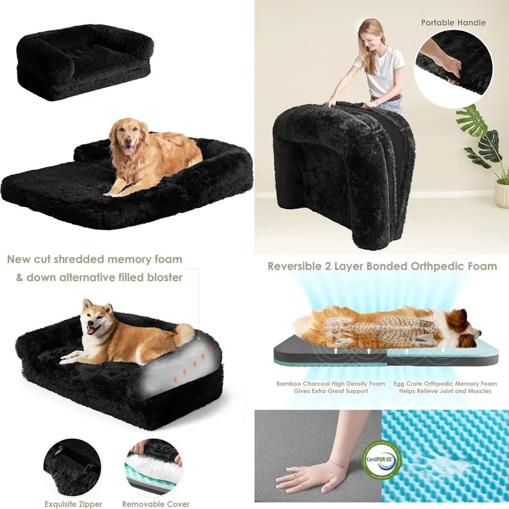 

Large Orthopedic Memory Foam Dog Bed, 54x38x7.5 Inches, Washable Faux Fur Couch with Non-Slip Base, Black