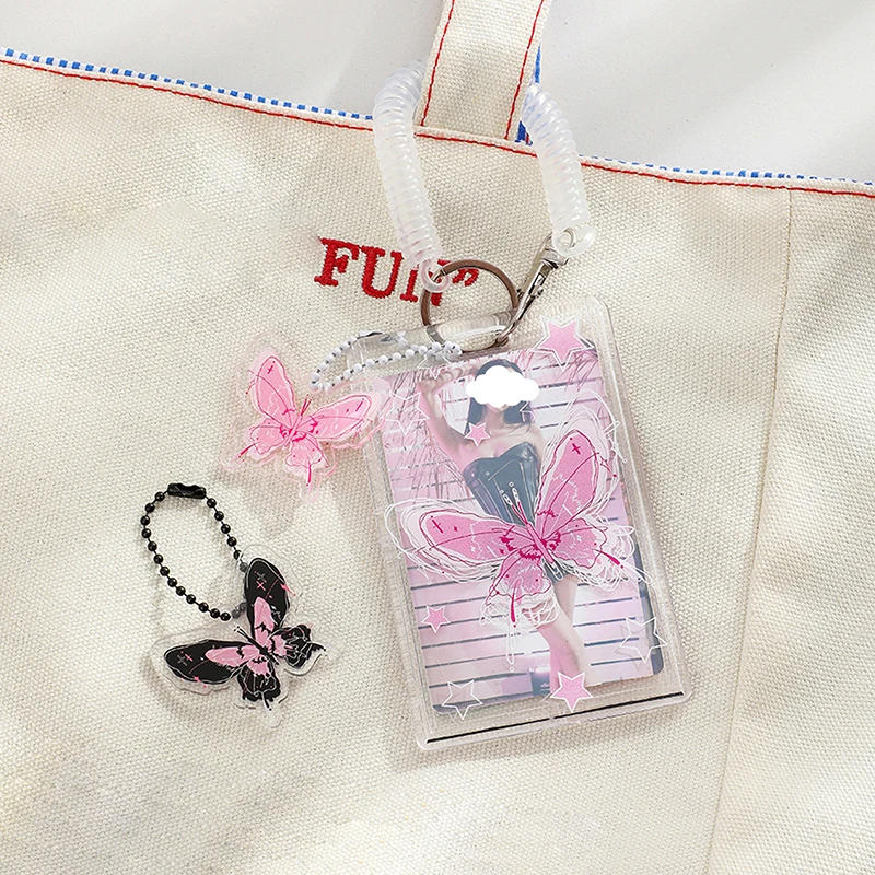 Acrylic Butterfly Hard Card Holder Three-Inch Decorative Protective Cover Student Keychain Star Chasing Small Card Pendant Set