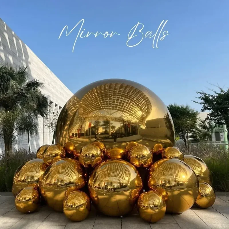 Gold Inflatable Mirror Ball Double Layer Inflatable Mirror บอลลูน Airtight ยักษ์ PVC ปิดผนึกทรงกลมสําหรับกิจกรรมตกแต่งเวที