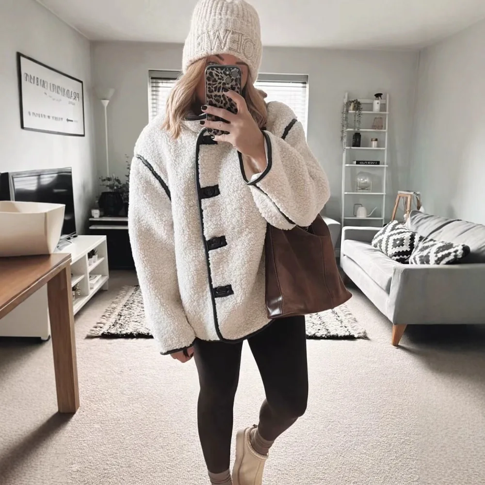 

Women's Versatile Stand Collar Jacket Autumn Winter New Single-Breasted Long-Sleeved Flap Pocket Loose Casual Lamb Wool