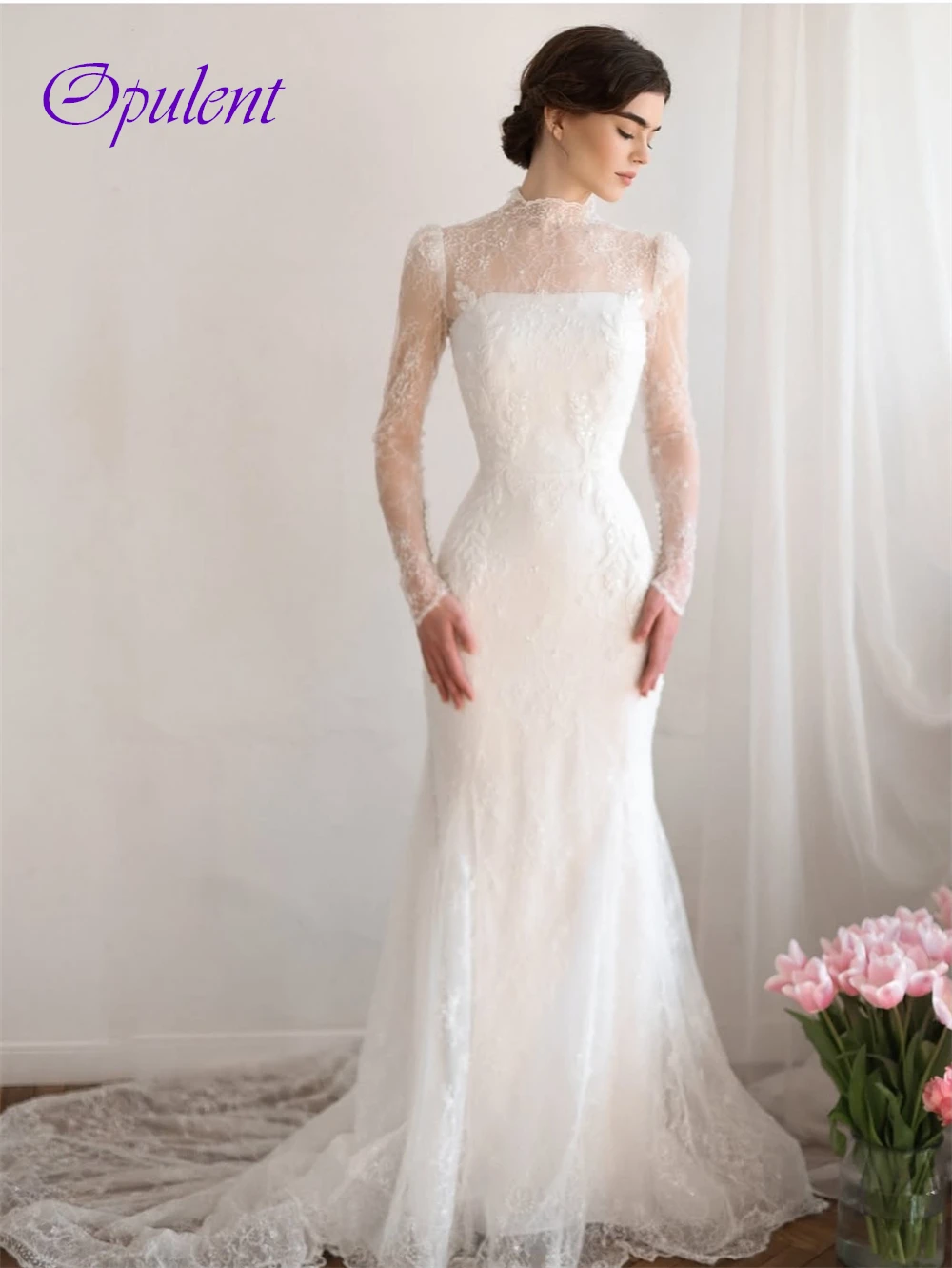 تخصيص أنيقة الدانتيل الأبيض زي العرائس الرسمي س الرقبة طويلة الأكمام فستان الزفاف الكلاسيكية حورية البحر ذيل محكمة رداء دي mariée