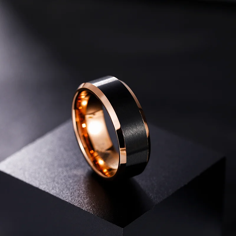 Somen 8mm Men Tungsten Carbide Ring Wedding Band Black Brushed Beveled Polished Cut Edge Rose Gold Color Inside Engagement Rings view 5