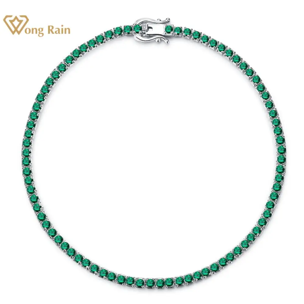 Wong Rain Hip Hop Rock Solid 925 Sterling Silver Round Sapphire Gemstone Tennis Chain Bracelets Bangle Fine Jewelry Wholesale