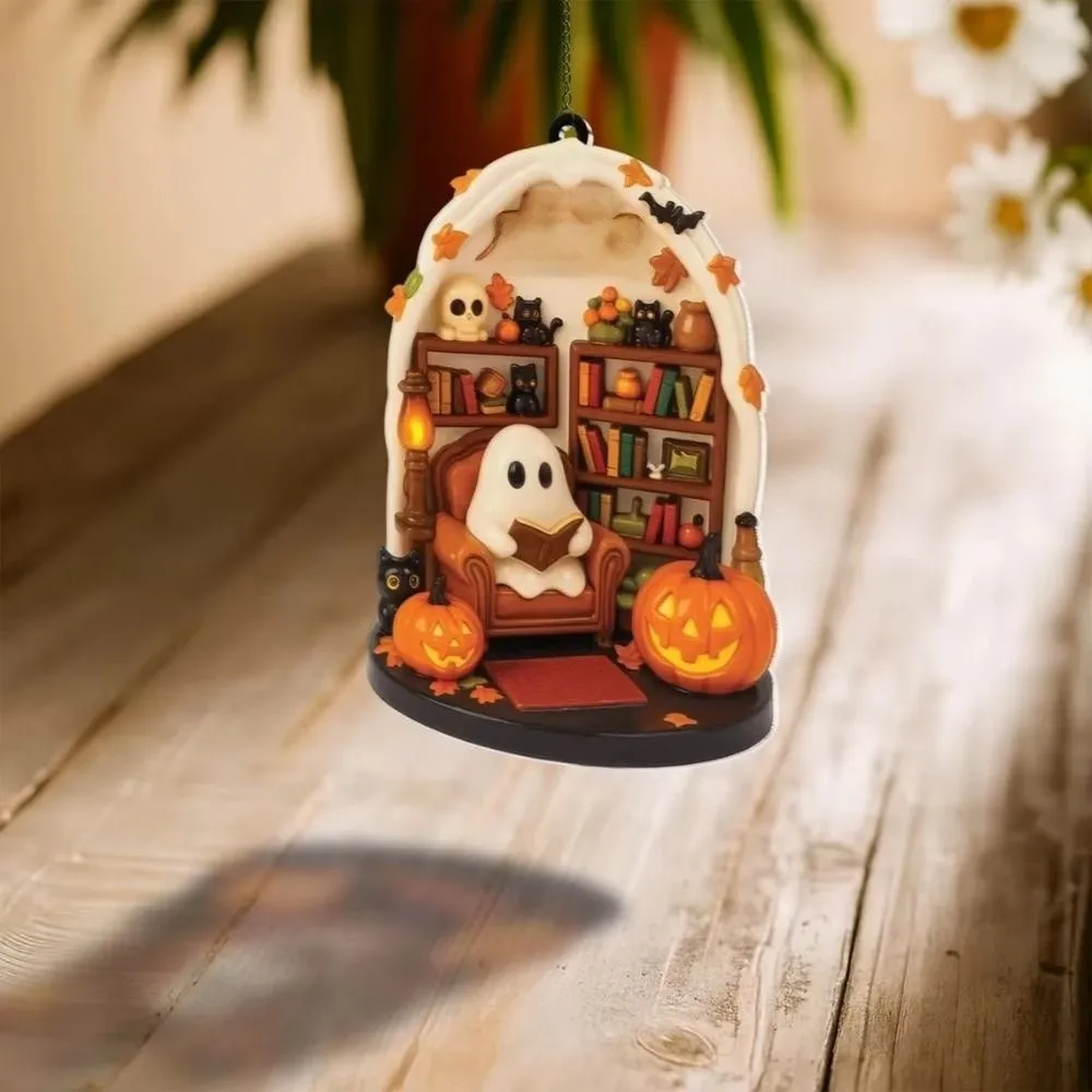 Cute Reading Ghost Halloween Ghost Ornaments 2D Flat Acrylic Pendant Halloween Spooky Decorations
