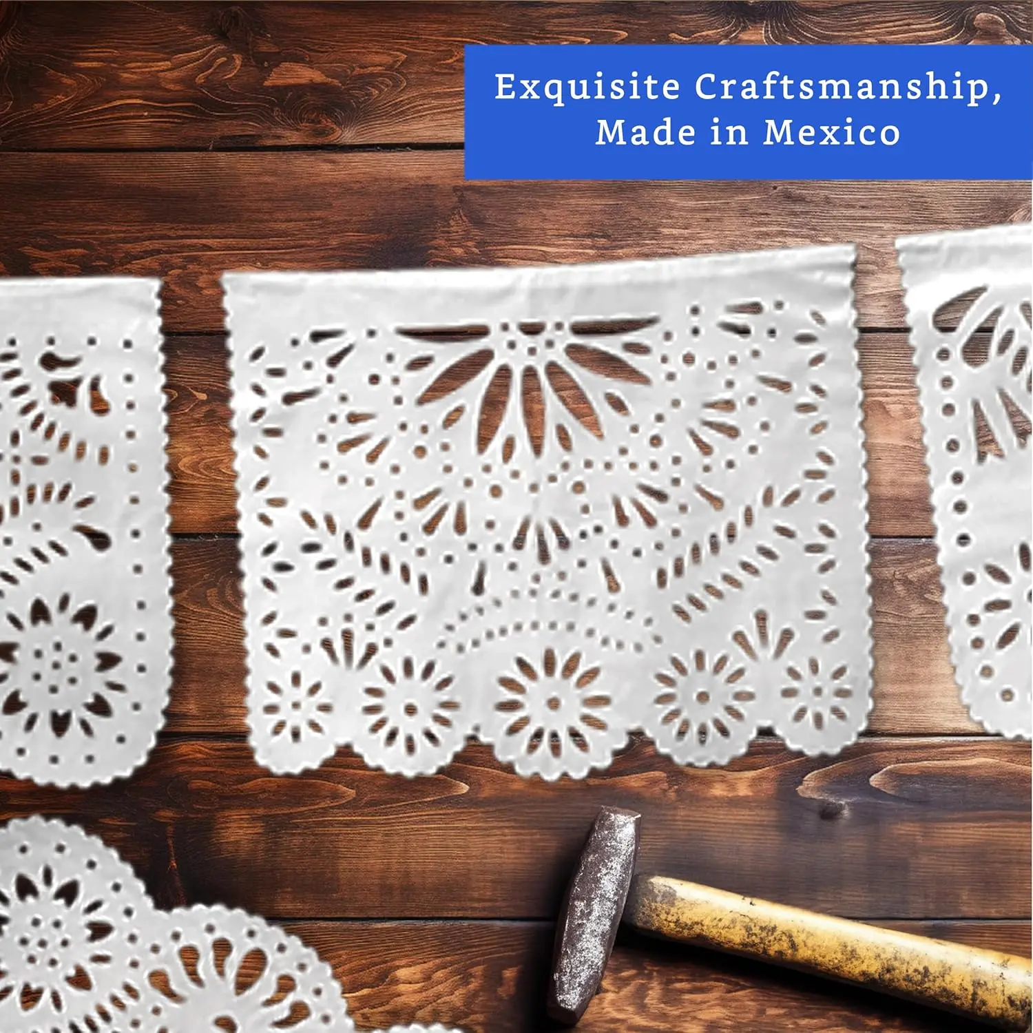 White Papel Picado Banner (5 pack - 10 Plastic Flags per String) - White Mexican Banners for Parties and Weddings by Fiesta Wraps