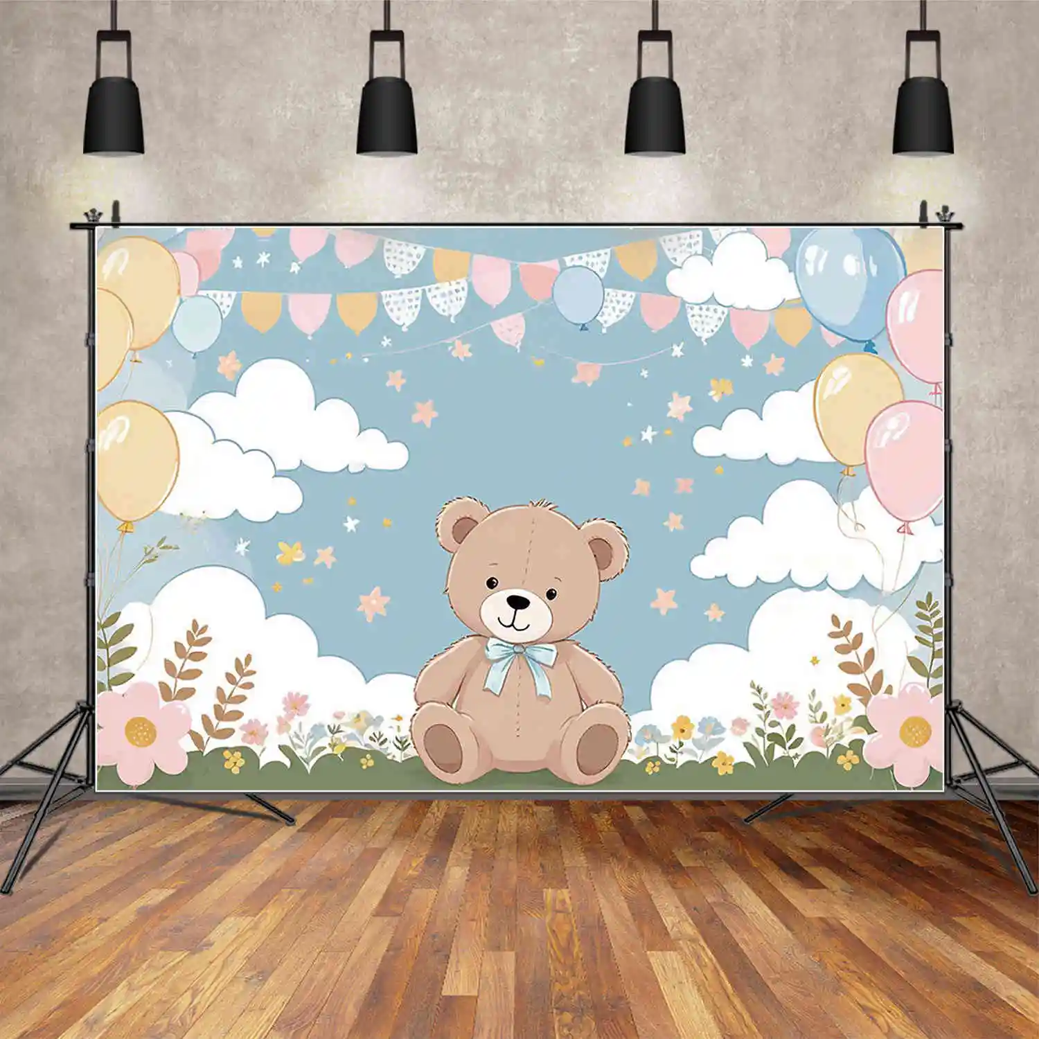 MOON.QG Cartoon Teddy Bear Background Photography Banner Cartoon Birthday Photozone Backdrop Baby Photo Studio Photocall Props