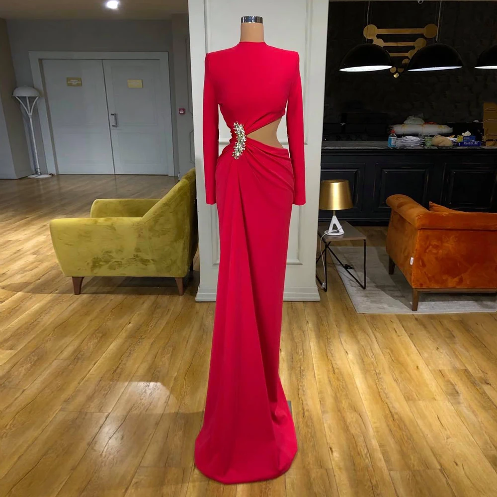 

Yipeisha High Collar Mermaid Prom Dresses Saudi Arabia Long Sleeves Red Evening Gown Floor Length Beaded Party Dress Customized