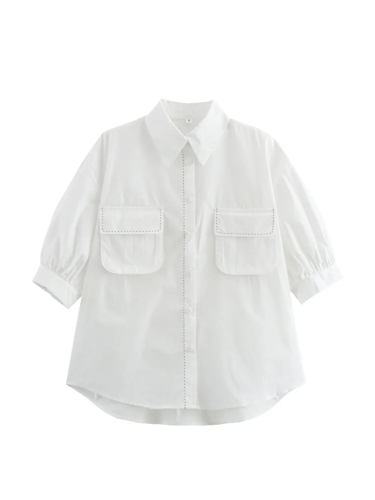 

Zevity Women Fashion Double Pocket Patch White Color Loose Blouse Female Contrast Line Shirt Chic Chemise Blusas Tops LS7360