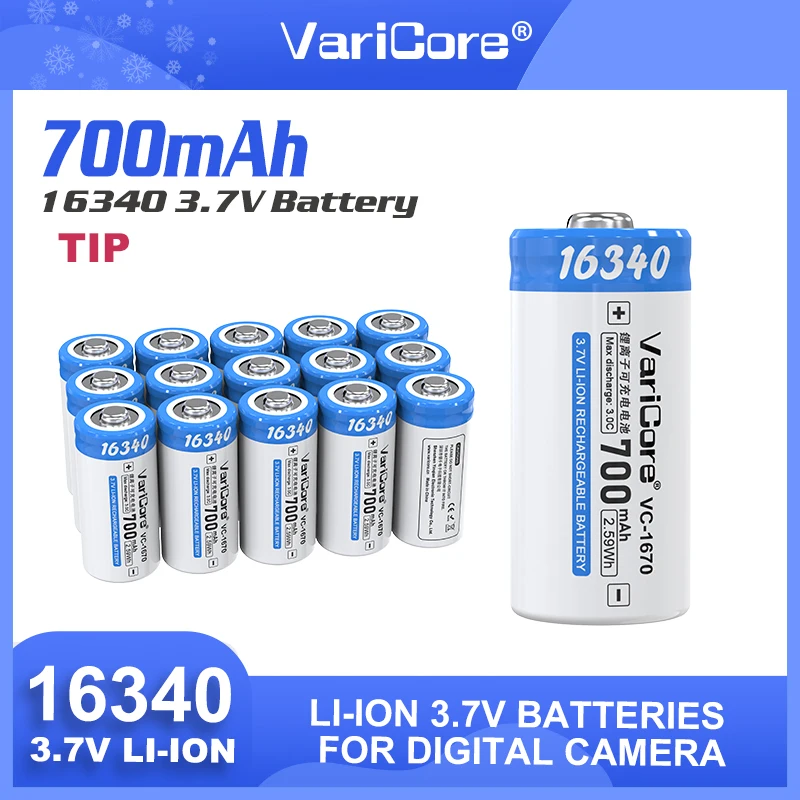 VariCore VC-1670 16340 Con TiP 3.7V 700mAh Batteria ricaricabile agli ioni di litio di grande capacità per la torcia elettrica della fotocamera digitale