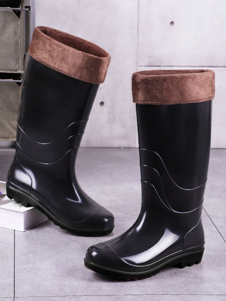 

Черные непромокаемые резиновые сапоги для мужчин, теплая высокая мужская обувь на флисовой подкладке, кухонная обувь шеф-повара без шнуровки, новые оригинальные модные сапоги