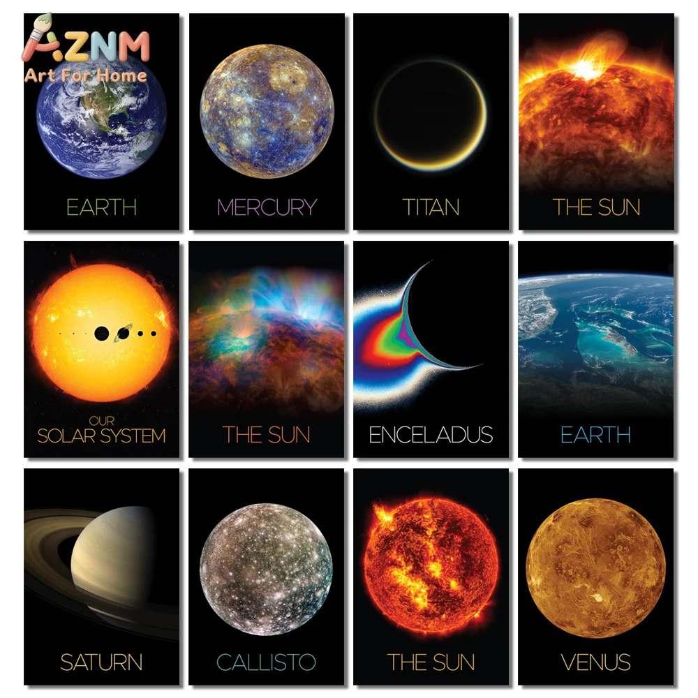 AZNM Solar System Planet Canvas Wall Art Sun Earth Saturn Mercury Venus Space Galaxy Science Print Unframed Canvas Painting For