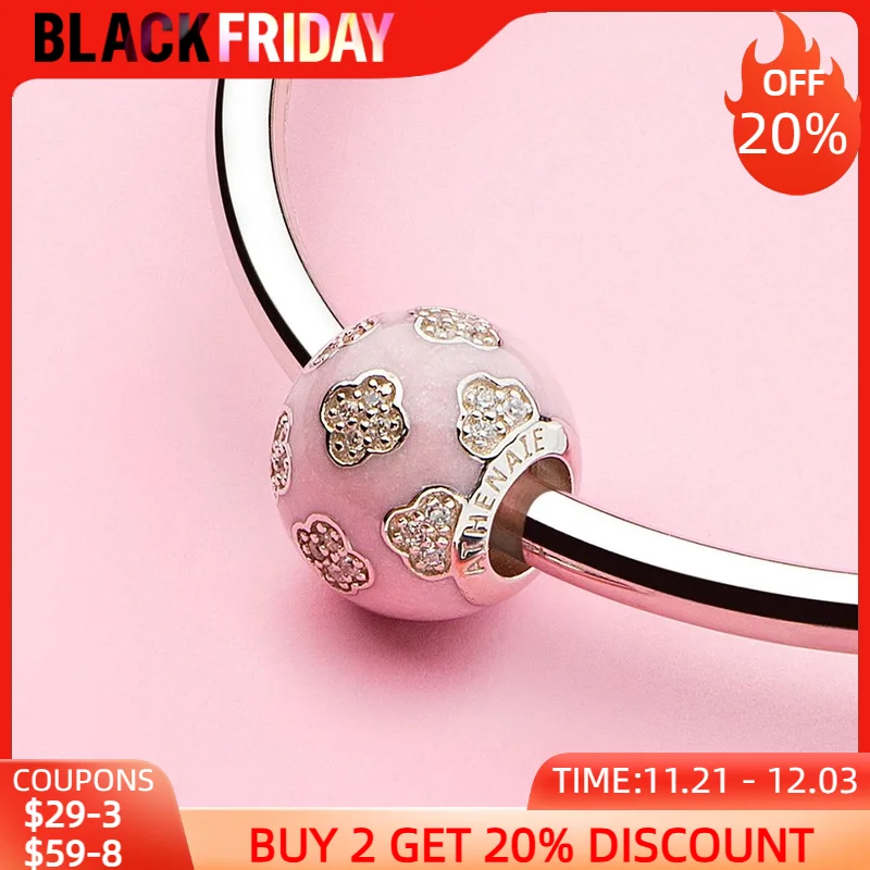 ATHENAIE 925 Sterling Silver Pink Enamel Shine Zircon Lucky Clover Bead Charms fit Bracelet DIY Jewelry Birthday Gift