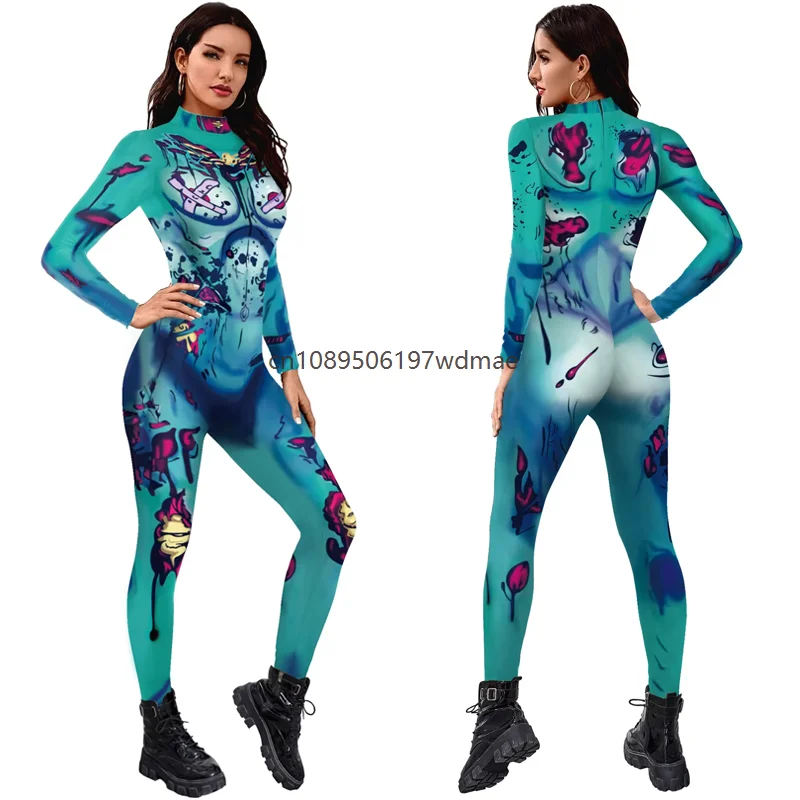 

Women Creative Graffiti Blue-Green Gradient Print Jumpsuit Long Sleeve Bodysuit Holiday Party Funny Horror Cosplay Costumes