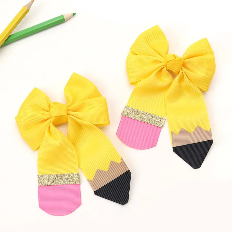 ncmama 2Pcs Back To School Yellow Pencil Shaped Ribbon Bow Hair Clip for Children Cute Glitter Hairpin Headwear Hair Accessories