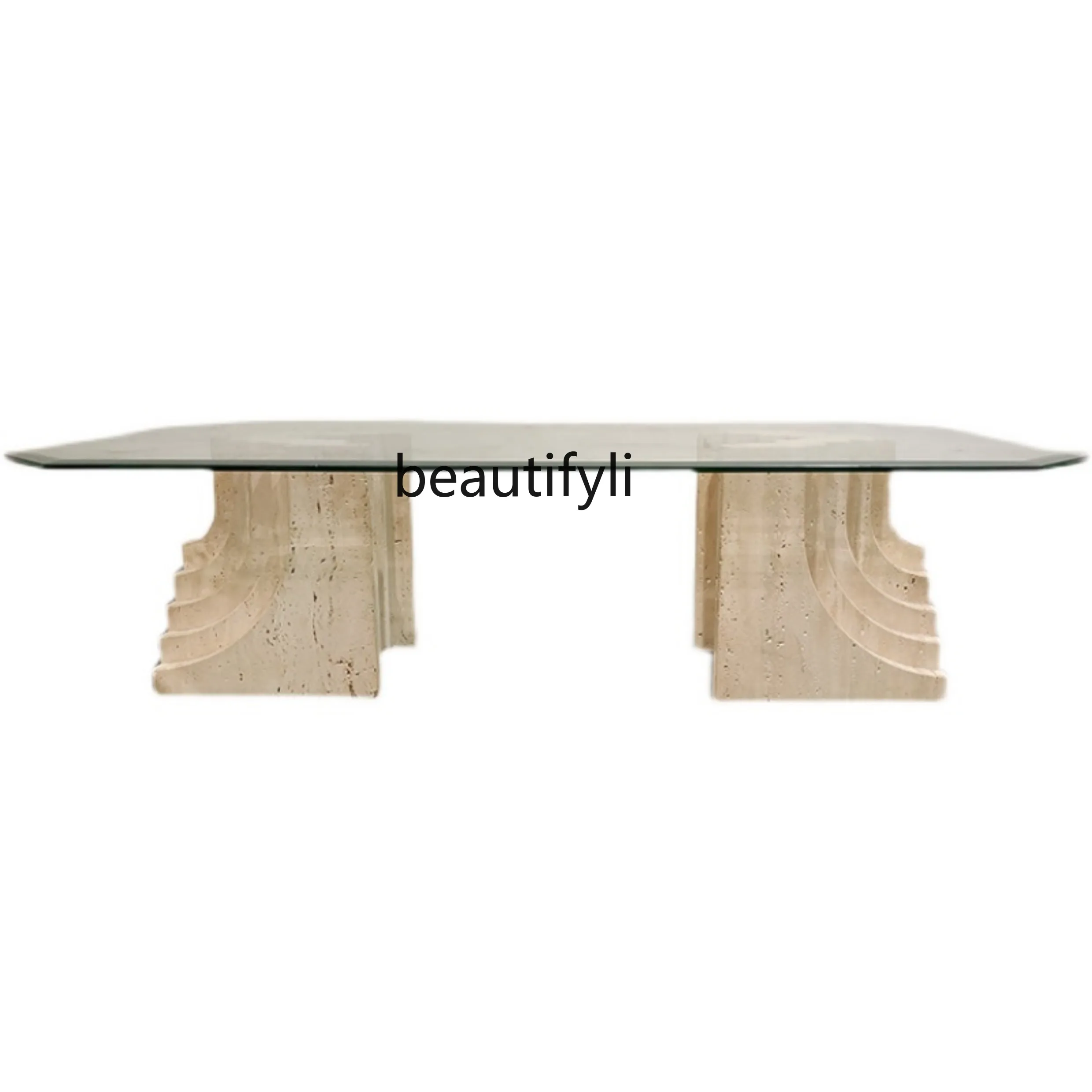 

Nordic tempered glass coffee table, light luxury natural yellow travertine creative leisure small apartment coffee table