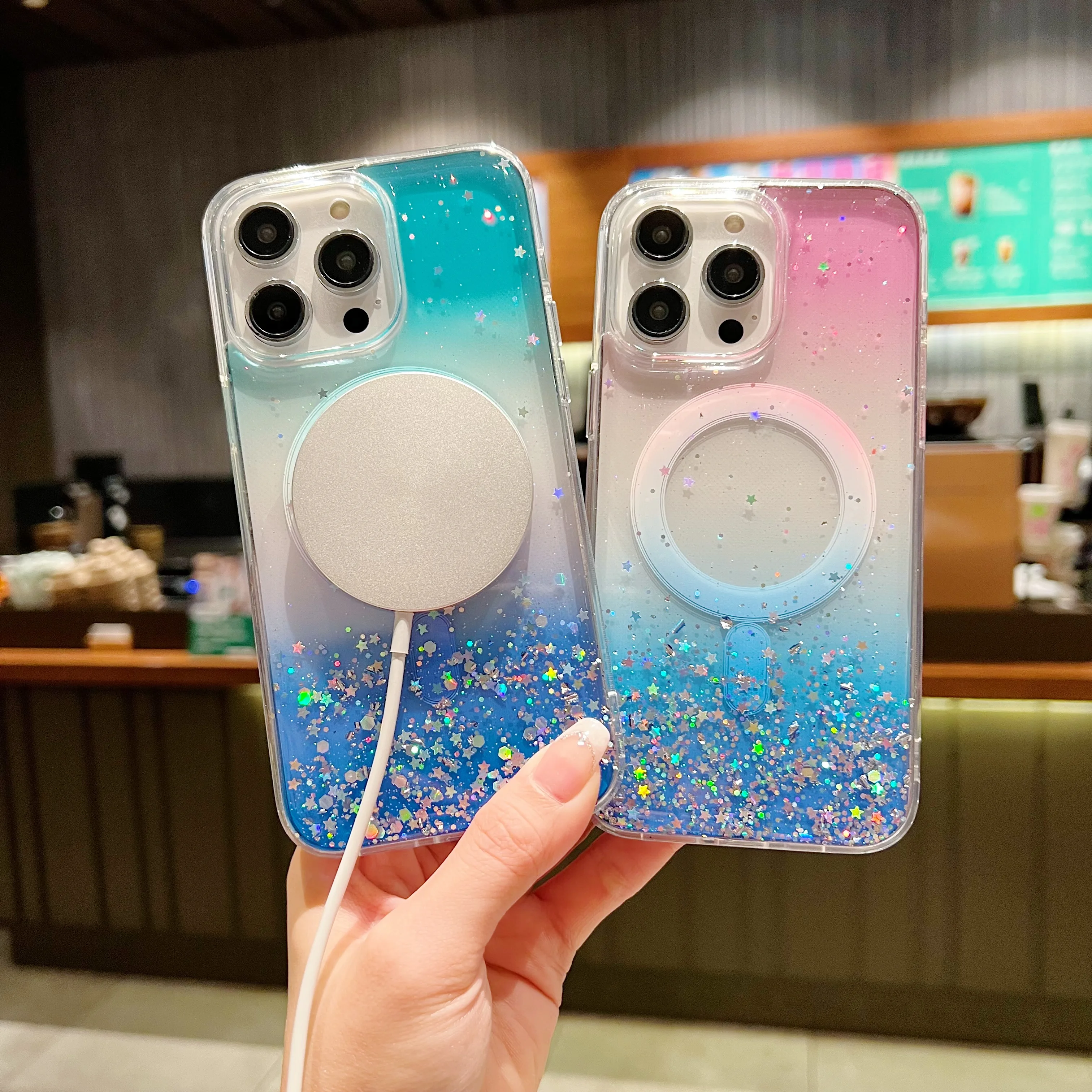 

Bling Glitter Epoxy For Magsafe Magnetic Wireless Charging Case For iPhone 14 Pro Max 13 12 Gradient Transparent TPU Soft Cover