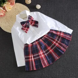 2023 Lente Zomer Meisje Pak Casual Kleding Herfst Britse Stijl Puur Wit Shirt + Geruite Rok + Strik Kinderen Schooluniform