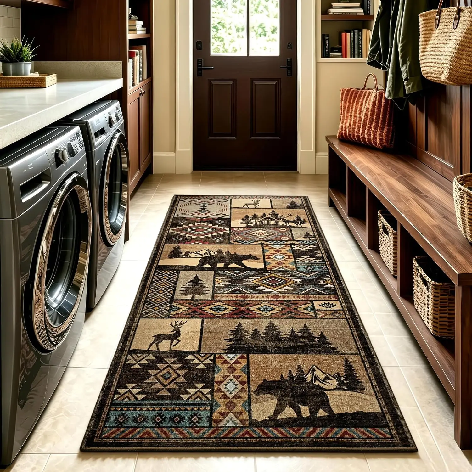 Cabin Style Wildlife Floor Mat Bear Deer and Pine Tree Print Non-Slip Washable Rug for Entryway Balcony Cabin Home Decor