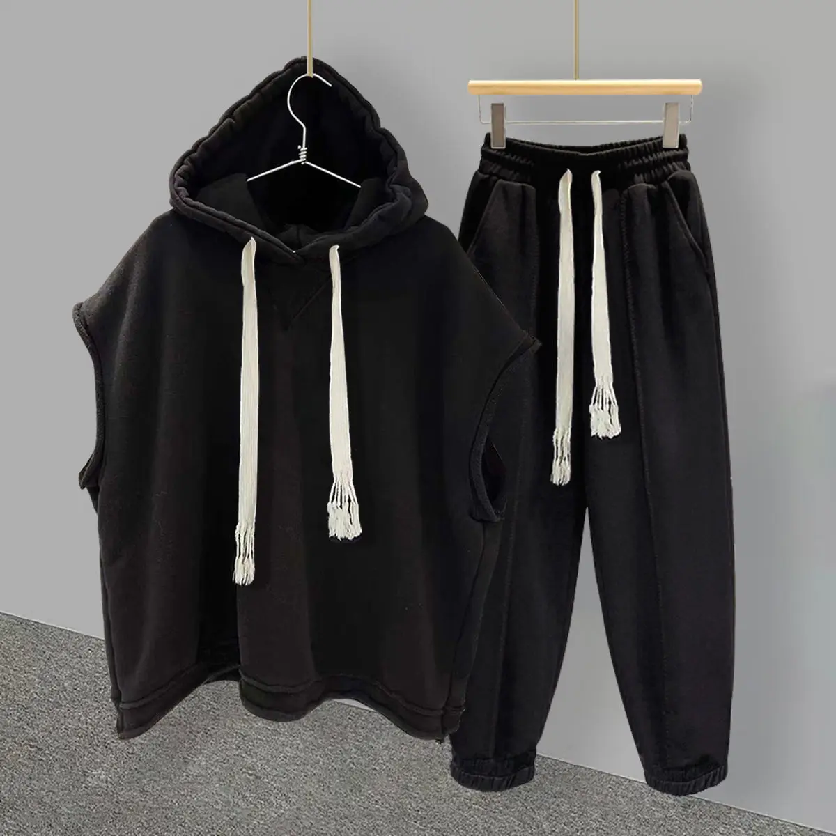 New 2022 Women SuitSolid Color Sleeveless Hood+ Casual Pants Set Women/Men