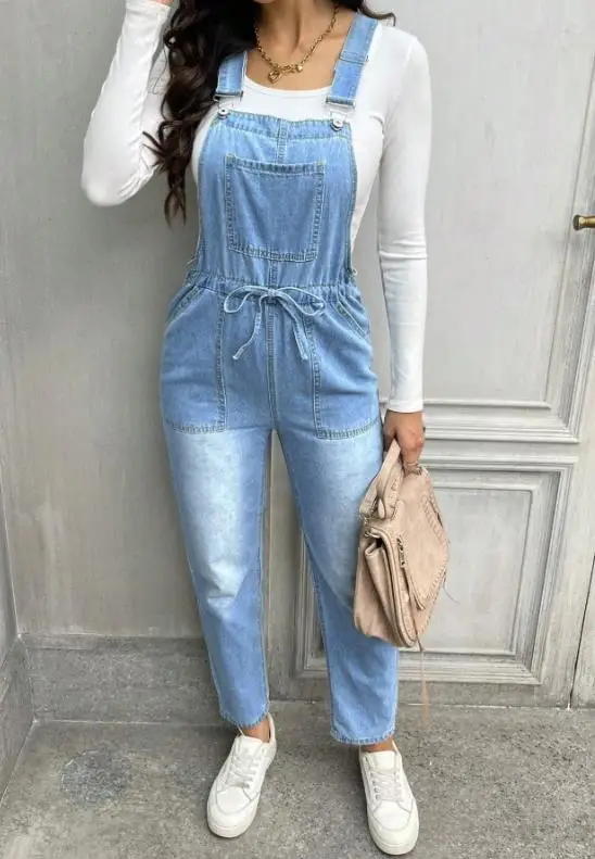 

Jumpsuit Women 2026 New Spring Autumn New Solid Color Square Neck Pocket Design High Waist Casual Drawstring Denim Overalls