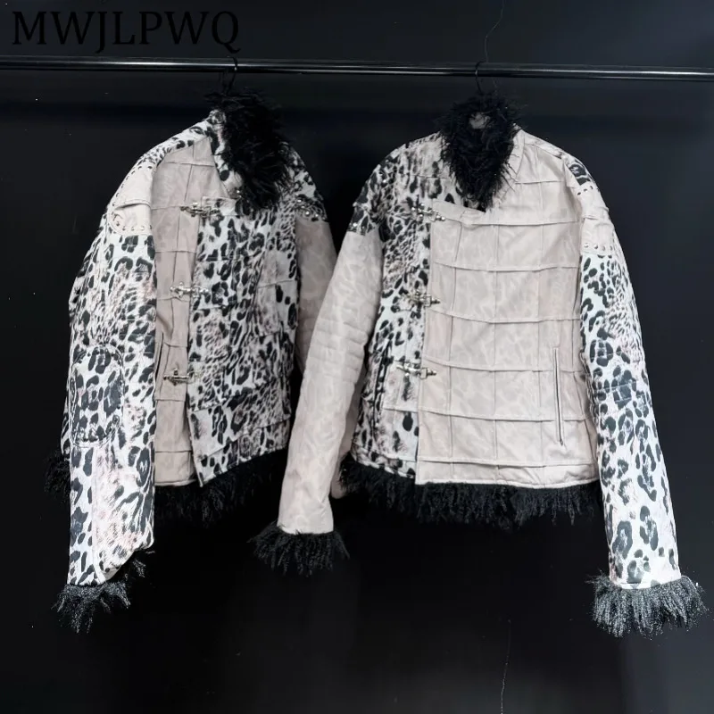 

MWJLPWQ Vintage Leopard Print Patchwork Fur Collar Padded Jacket Men's Trendy High Street Loose Warm Cotton Coat For Youth 13327