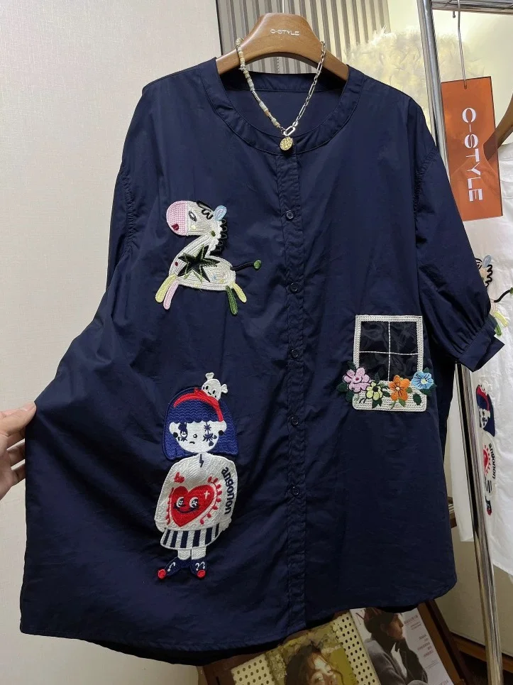 

plus Size Women's Casual Loose Short Sleeve Shirt Summer Cotton Polyester Embroidery Cartoon Style Lightweight Outerwear