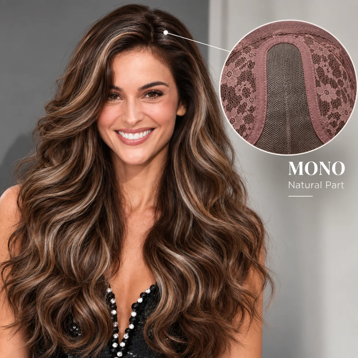 MONO Top Highlight Wig for Women 20 Inch Long Wavy Synthetic Lace Front Middle Part Heat Resistant Fiber