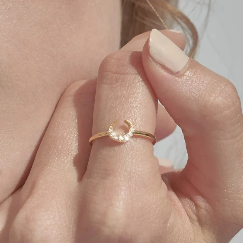 

Real 925 Sterling Silver 14K Gold Zircon Moon Minimalist Opening Ring for Charm Women Trendy Fine Jewelry Exquisite Accessories