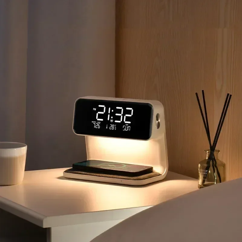 Creative 3 in 1 Bedside Lamp Wireless Charging LCD Screen Alarm Clock Wireless Phone Charger for Iphone Decoration