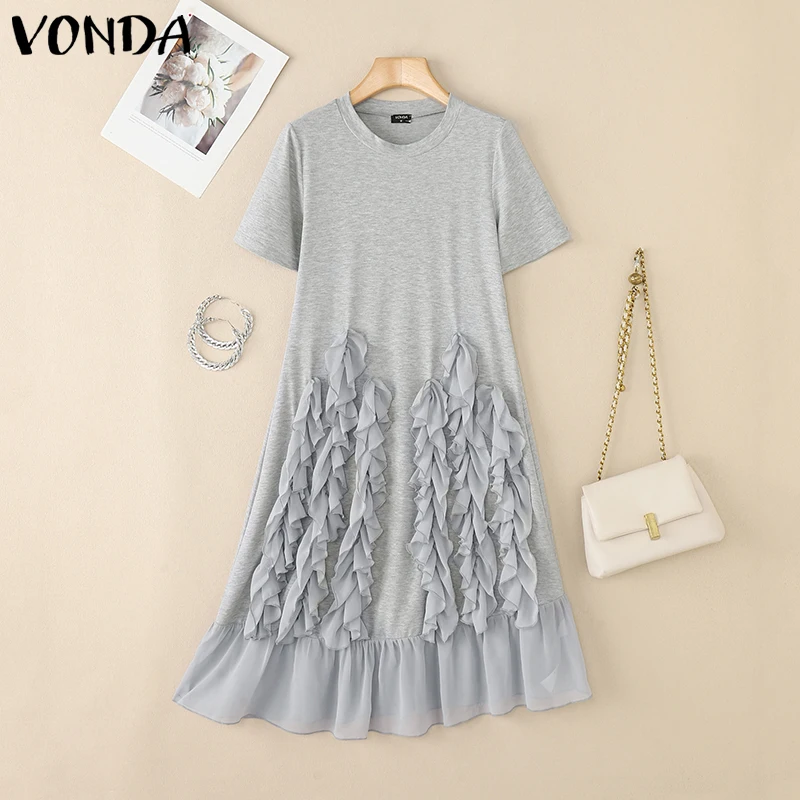 VONDA Damska Długa Sukienka Koszulowa 2025 Letnia Plisowana Sukienka Midi w Jednolitym Kolorze Krótki Rękaw Okrągły Dekolt Luźna Codzienna Sukienka na Imprezę Vestidos