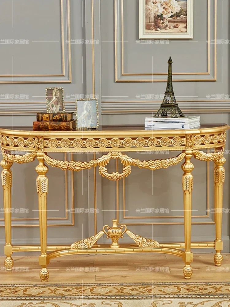 French New Classical Wood Carved Gold Foil Distressed Console Tables European Luxury