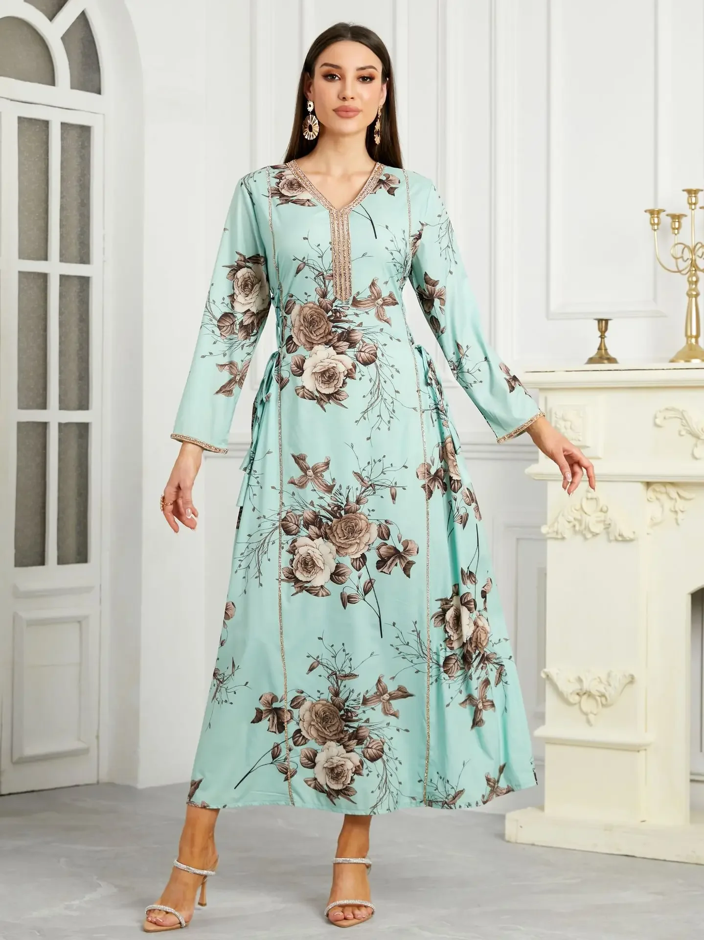 

Платье Ид Мусульманская Абая Женщины Кафтан Вечерние Платья Цветочный Принт Джалабия Дубай Абая Ислам Vestidos Длинный Халат Рамадан Марокко