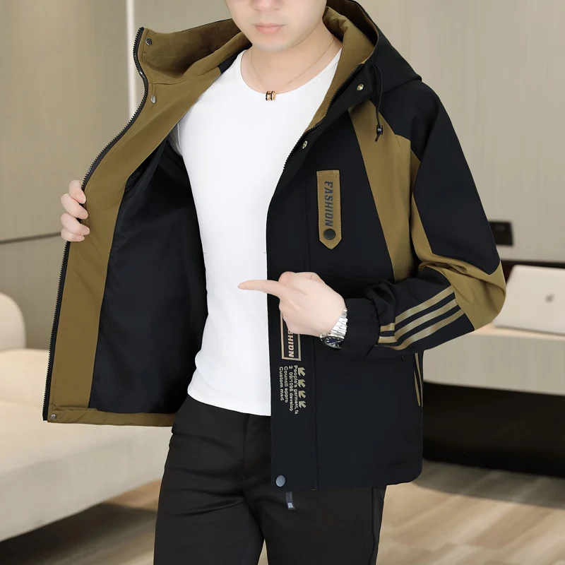 

American Sle Hooded Jaet Men's Spring Autumn 2025 New Youth Fce Patchwork Workwear Loose Top Casual Windproof