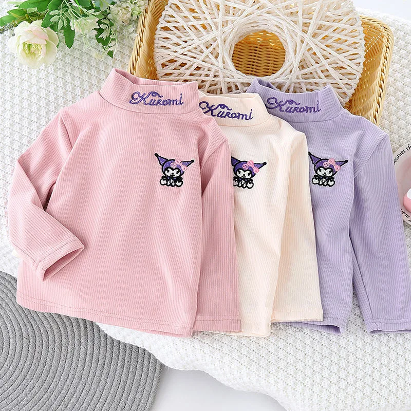 Hot Sanrios Kuromi Bottoming Shirt Anime Embroidered T-Shirt Cute Spring Autumn Fleece Top Cartoon Sweet Warm Pullover Girl Gift