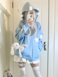 Japanese Y2K Zip Up Blue Hoodie Women Harajuku Kawaii Angel Wings Pink Sweatshirts Oversized Subculture Star Black Jacket