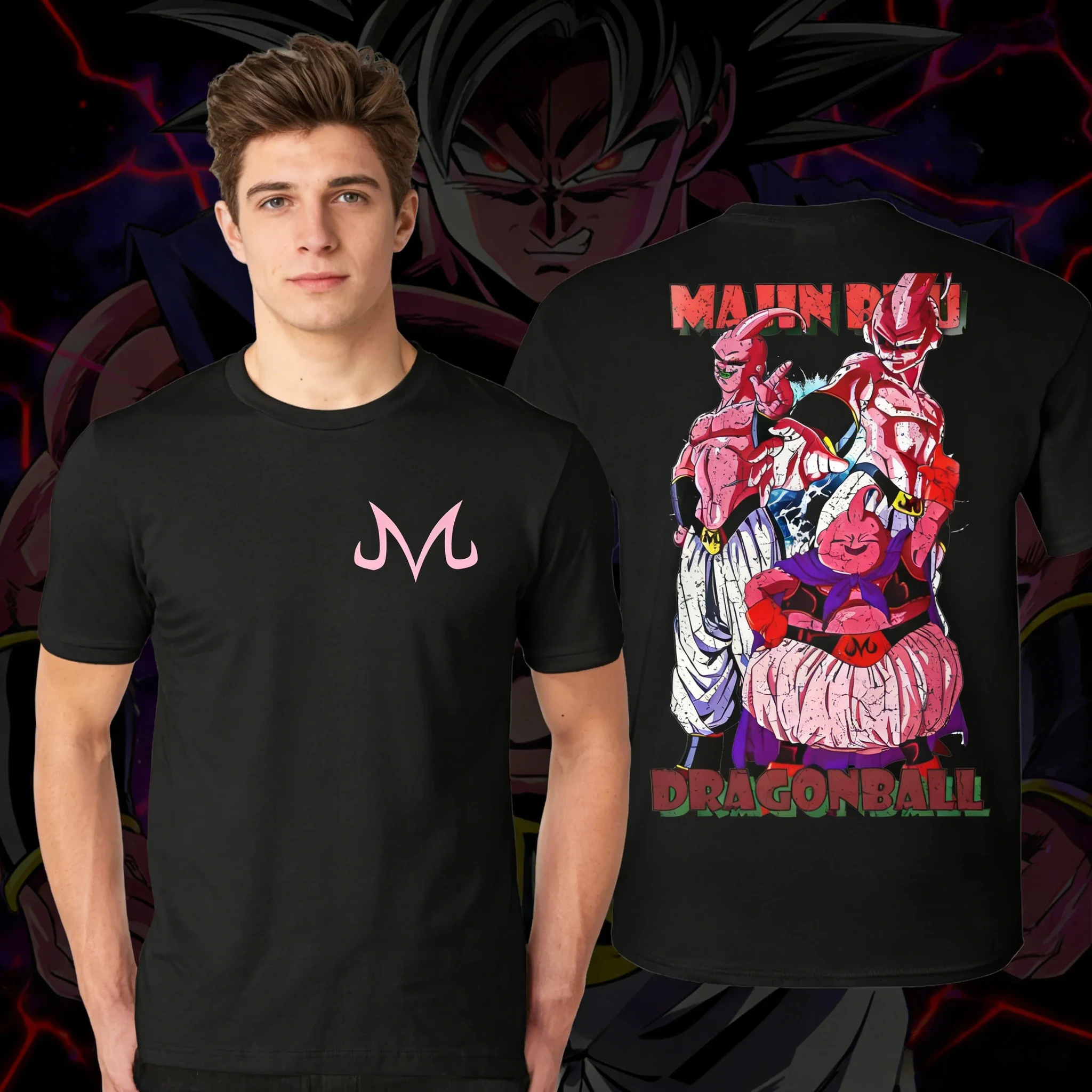 2026 Summer Dragon Ball Kid Buu Chibi Style Vertical Text Vintage Anime T-shirt Men's Pure Cotton Casual Loose Sports Daily Top
