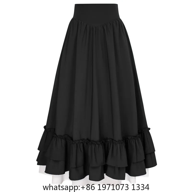 Casual Dual Layer Skirt Button Renaissance Costume Women Back Double Ruffle Long Shirring Skirt Waist Elastic Band Maxi Length