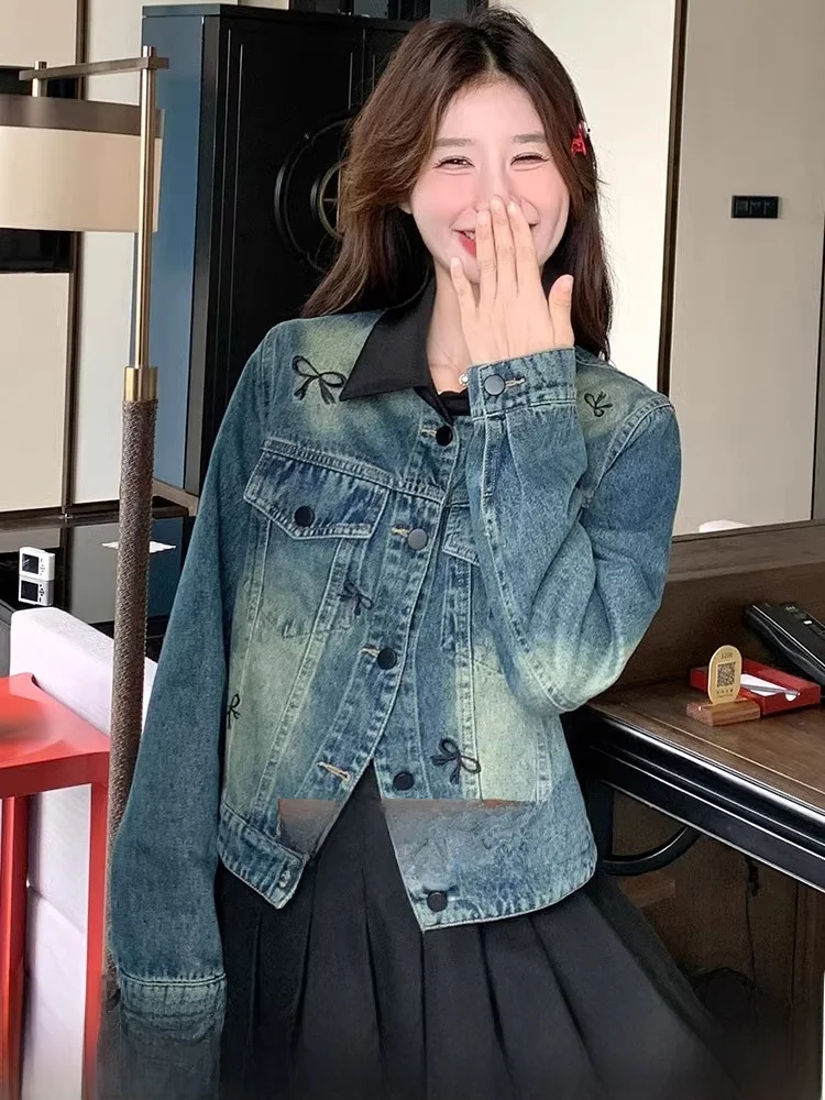 

Женская джинсовая куртка с вышивкой, осенняя модная национальная повседневная свободная верхняя одежда с длинным воротником свека