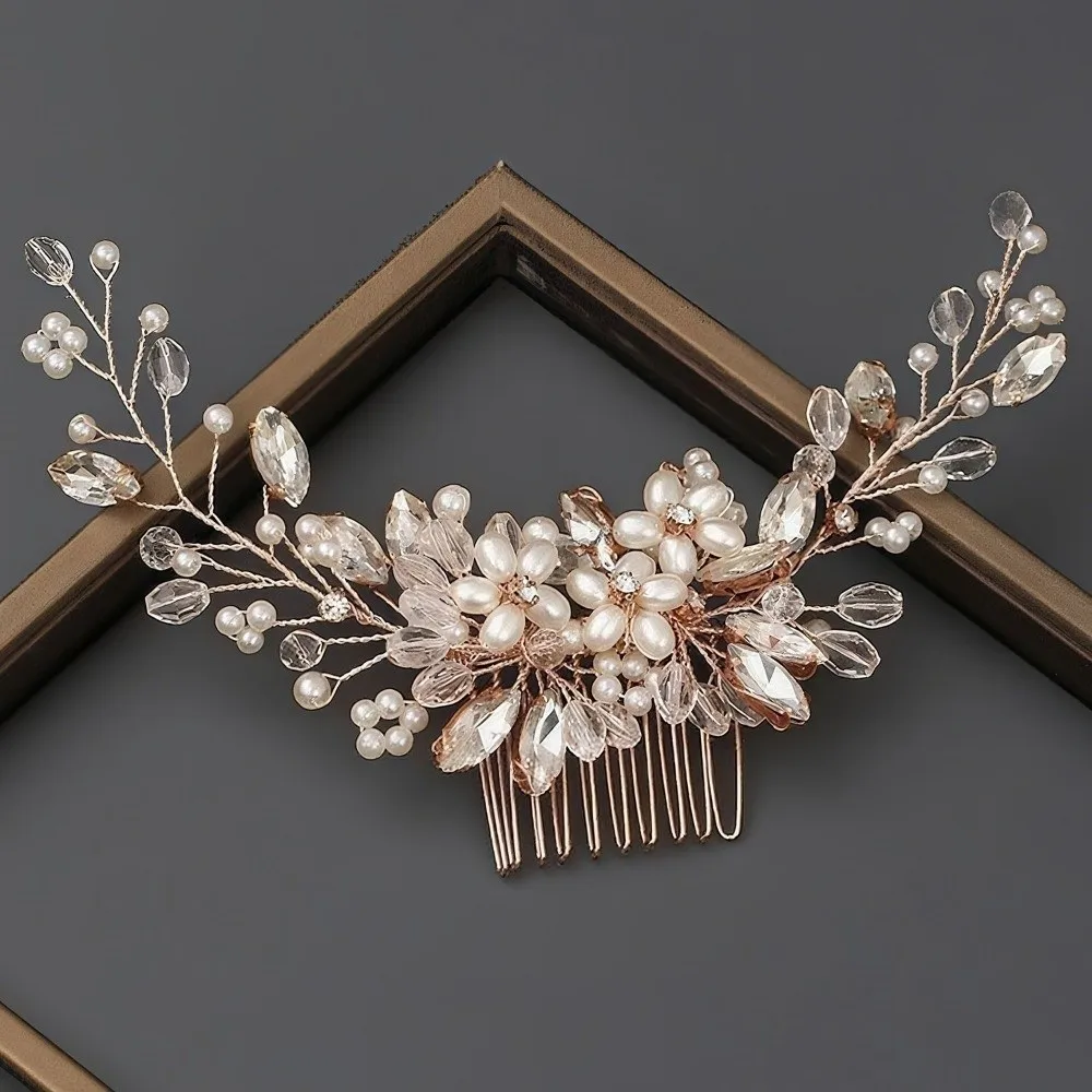 럭셔리 합금 진주 머리빗 장신구 수제 톱니형 삽입 빗 반짝이는 꽃 모양 라인석 머리핀 신부 들러리용
