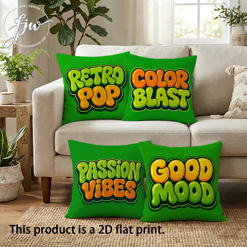 4pcs Retro Pop Color Blast Vintage Bubble Letter Throw Pillow Covers Green Decorative Cushion Cases for Sofa Bedroom Living Room
