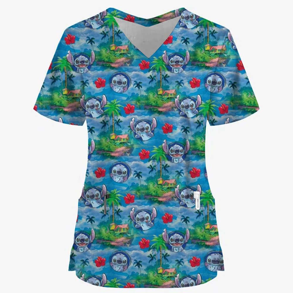 Lilo & Stitch Disney Summer Pocket New Woman T-shirts Hospital Nurse Uniform T-shirt Y2k V Neck Clothing Uniform Pocket Neck Y2k