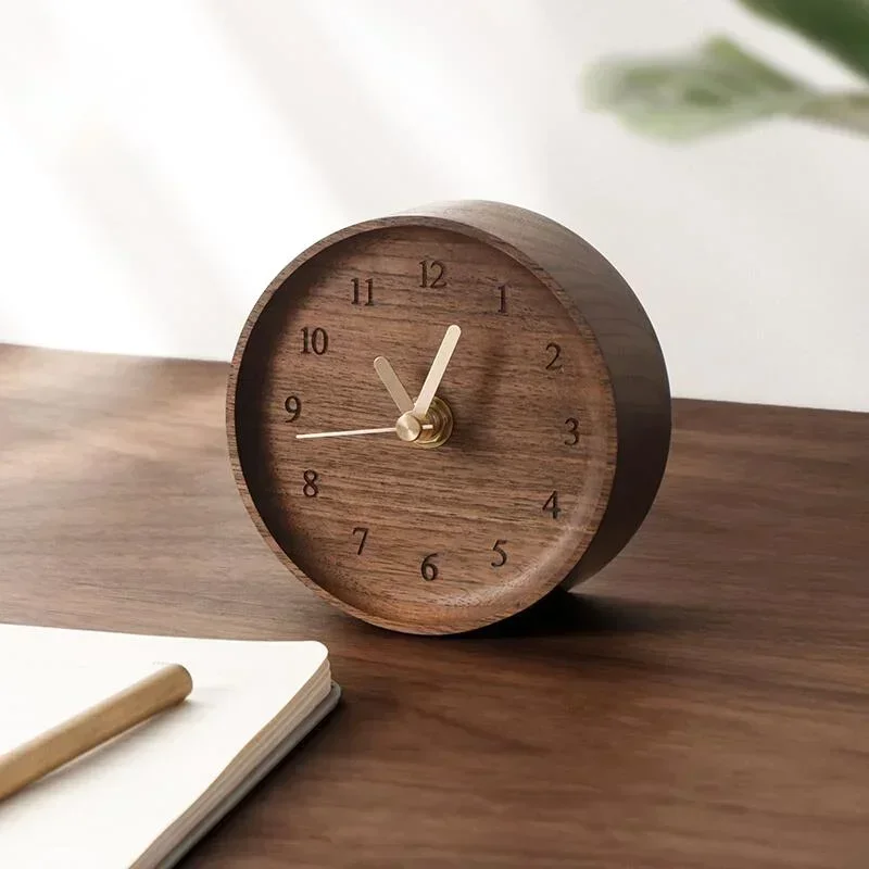 Japanese Black Walnut Desktop Clock Minimalist Small Round Design Curved Clock Face Silent Movement Alarm Clock for Home Decor