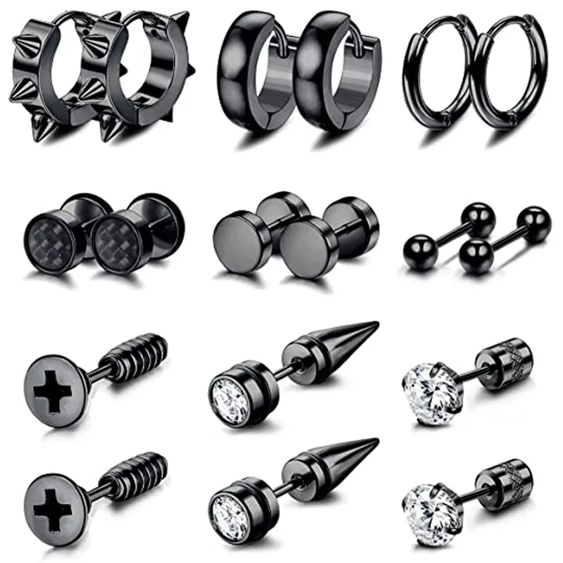 

WKOUD 9 Pairs Black Stainless Steel Screw Stud Earrings For Men Women Piercing Small Huggie Hoop Earrings Set For Unisex