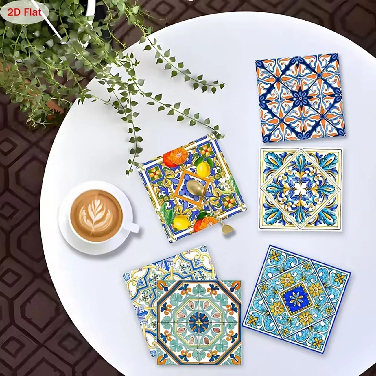 6Pcs Wooden Coasters Mediterranean Tile Pattern Square Drink Coasters Table Decor Gift