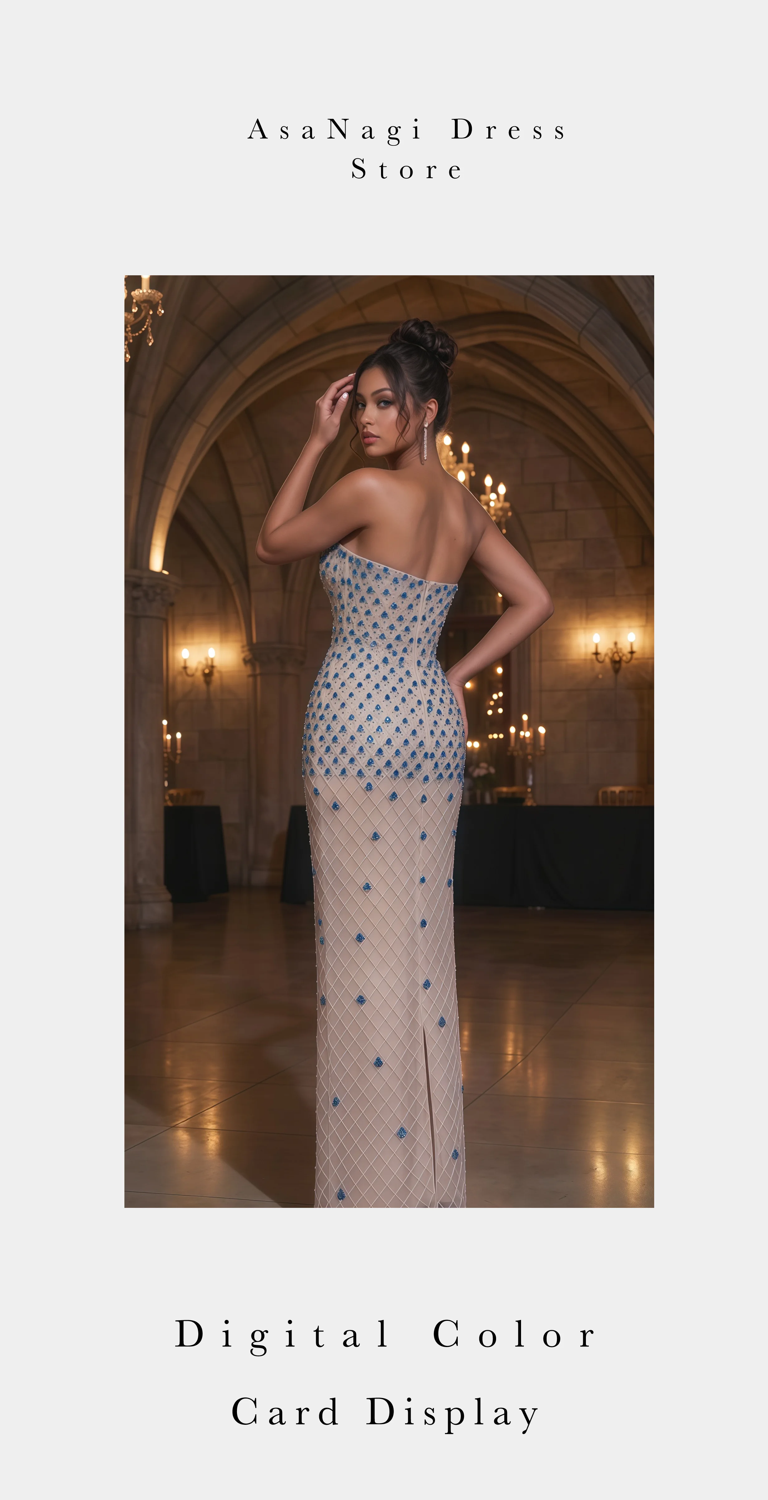Vestido de Fiesta Sirena Glam Gala, Sin Tirantes, Malla Nude, Degradado Azul, Adornado con Pedrería y Chal de Satén Fluido