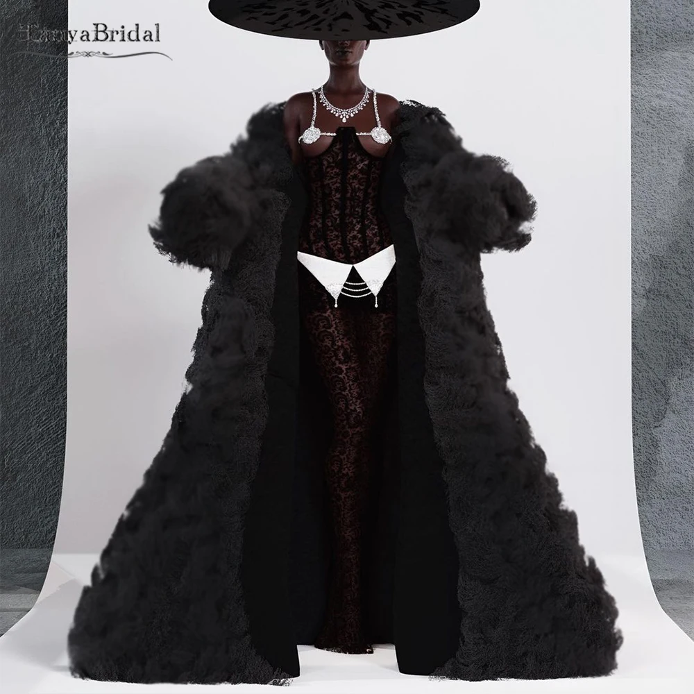 

Black Fur Feather Wedding Cape With Puffy Sleeves .Long Luxury Women Evening Coat ,Bridal Jacket DJ347